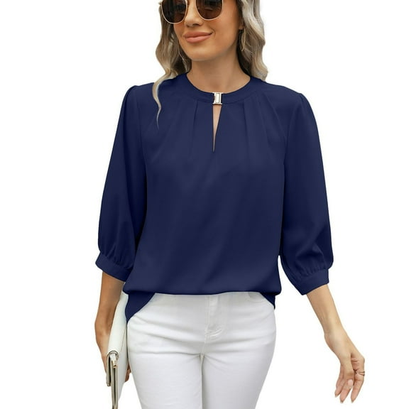 Previn Women's 3/4 Sleeve Blouse Puff Sleeve Top High Neck Summer Casual Chiffon Half Sleeve Soft Top Navy X-Large