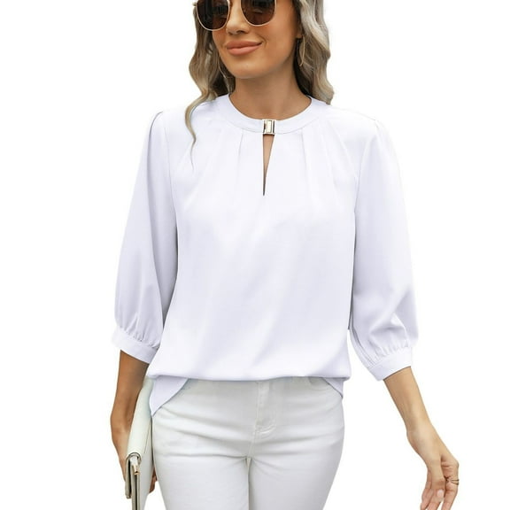 Previn Women's 3/4 Sleeve Blouse Puff Sleeve Top High Neck Summer Casual Chiffon Half Sleeve Soft Top White Small