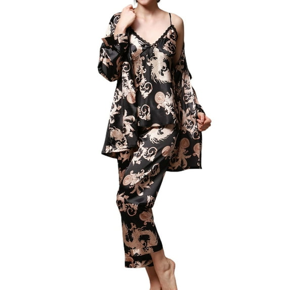 Previn Women's 3 Piece Pajamas Set Long Sleeve Robe Long Pants Satin Pj Set Summer Sleepwear Silky Cami Long Sleep Comfy Sleepwear Black Small