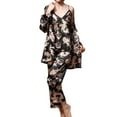 thumbnail image 1 of Previn Women's 3 Piece Pajamas Set Long Sleeve Robe Long Pants Satin Pj Set Summer Sleepwear Silky Cami Long Sleep Comfy Sleepwear Black XX-Large, 1 of 4