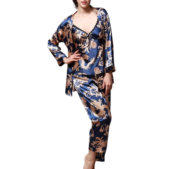 Previn Women's 3 Piece Pajamas Set Long Sleeve Robe Long Pants Satin Pj Set Summer Sleepwear Silky Cami Long Sleep Comfy Sleepwear Royal Blue XX-Large