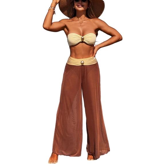 Previn Women's Backless Bath Suit 3 Piece Bikini Set Cover Up Pants Billowy Spring Break Breathable Cool Holiday Cheeky Chic Swimsuit Umber Small