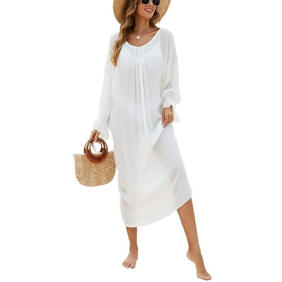 Previn Women's Billowy Bikini Cover Up Dress Long Sleeve Swimsuit Bunched Spring Break Calf Length Bishop Sleeve Casual Comfy Elastic Coverup White One Size