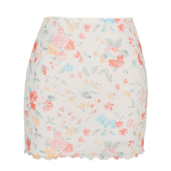 Previn Women's Bodycon Skirt Mini Floral Printed Summer Vintage Elastic Waist Elastic Mid Rise Mid Thigh Fashion White 6-8