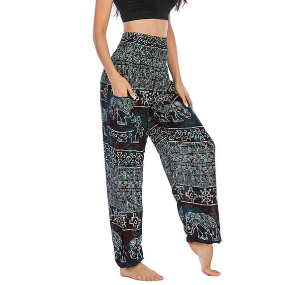 Previn Women's Boho Yoga Pants High Waisted Thai Indian Beach Soft Trousers Harem Loose Summer Stretch Bohemian Yoga Pants Black One Size