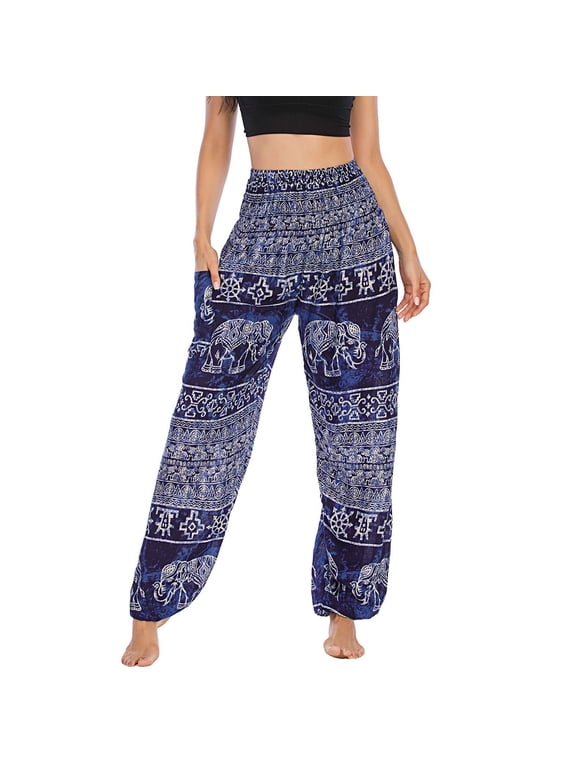 Women's Boho Yoga Pants High Waisted Thai Indian Beach Soft Trousers Harem Loose Summer Stretch Bohemian Yoga Pants Navy One Size