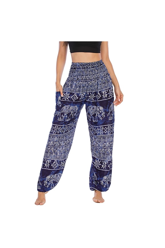 Women's Boho Yoga Pants High Waisted Thai Indian Beach Soft Trousers Harem Loose Summer Stretch Bohemian Yoga Pants Navy One Size