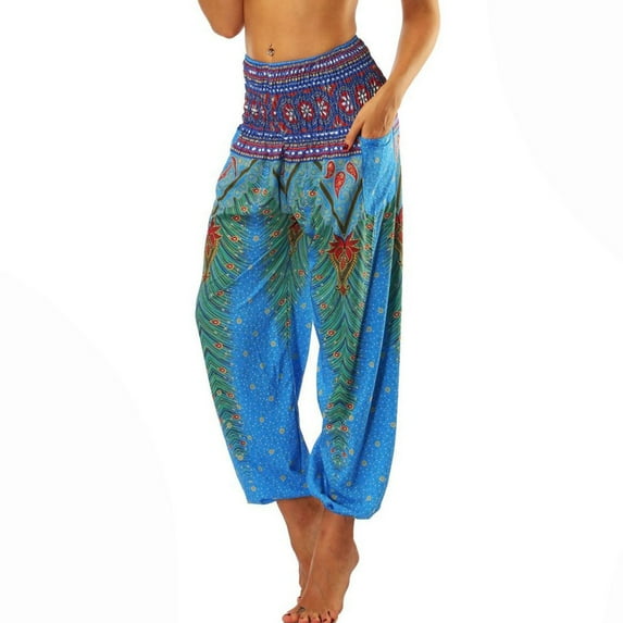 Previn Women's Boho Yoga Pants Indian Dance Pants Long Casual Soft Cinched Bottom Elastic Waisted Lightweight Bohemian Harem Genie Pants Style1 Small-X-Large