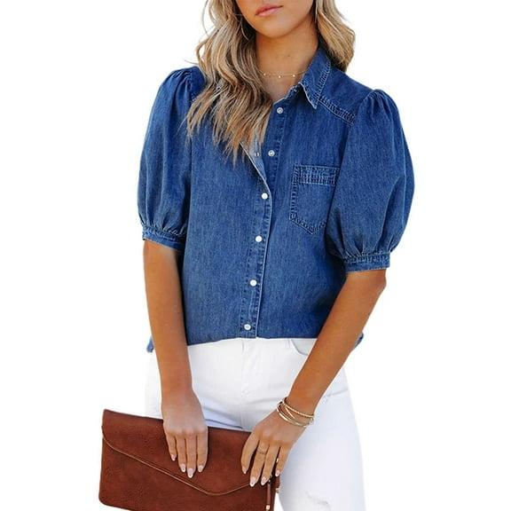 Previn Women's Bunched Button Down Shirts Button Up Denim Shirt Button Lapel Billowy Boyfriend Cowgirl Top Blue Small