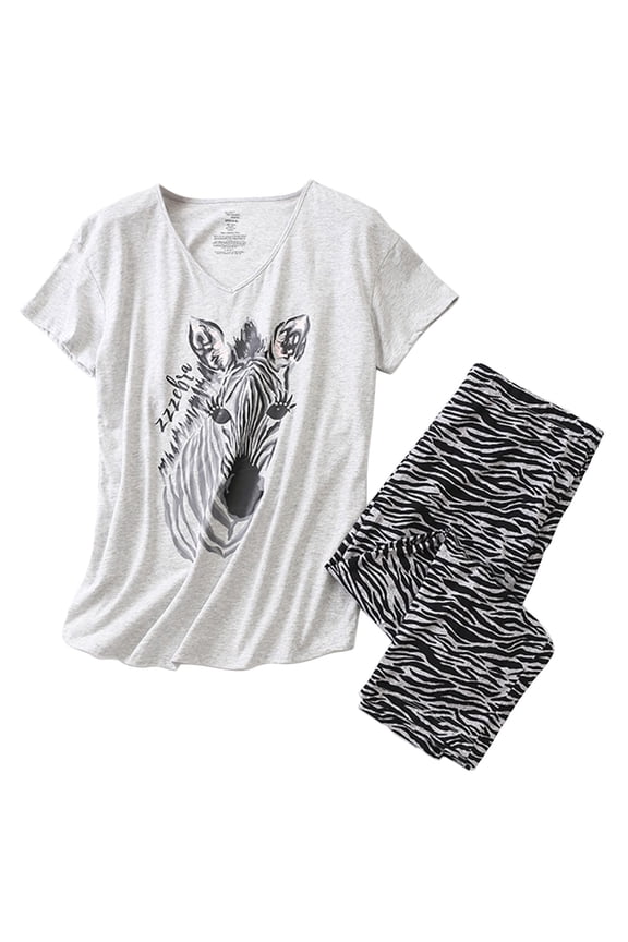 Women's Capri Pajama Set Sleepwear Soft Short Sleeve Pant Pj Two Piece Pattern Printed Elastic Waist Crew Neck Cute Loungewear Patterned2 XX-Large