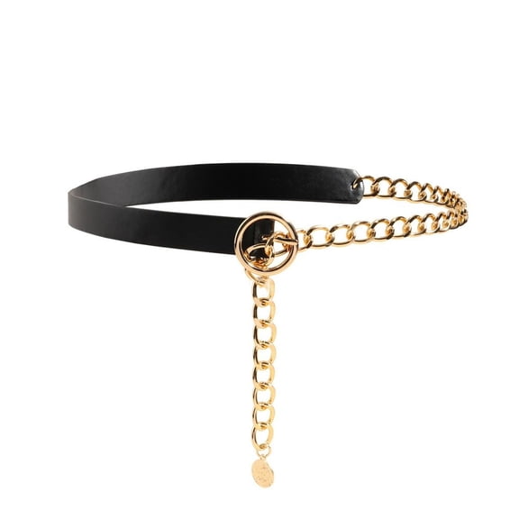 Previn Women's Chain Skinny Belt Faux Leather Rhinestone Casual Summer Belt For Dress Bling Buckle Black Gold X-Large