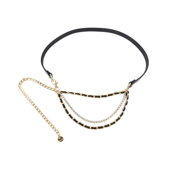 Previn Women's Chain Skinny Belt Faux Leather Rhinestone Casual Summer Belt For Dress Bling Buckle Black1 X-Small-Large