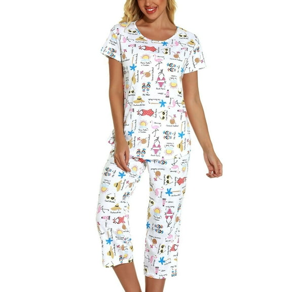 Previn Women's Cotton Capri Pajama Set Cartoon Lounge SetCute 2 Piece Short Sleeve Shirt Capri Pant Pj Sleepwear Comfy Summer Loungewear V Neck Patterned5 XX-Large