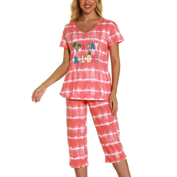 Previn Women's Cotton Capri Pajama Set Cartoon Lounge SetCute 2 Piece Short Sleeve Shirt Capri Pant Pj Sleepwear Comfy Summer Loungewear V Neck Patterned11 Orange XX-Large