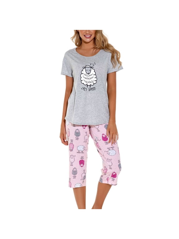 Women's Cotton Capri Pajama Set Cartoon Lounge SetCute 2 Piece Short Sleeve Shirt Capri Pant Pj Sleepwear Comfy Summer Loungewear V Neck Patterned4 X-Large
