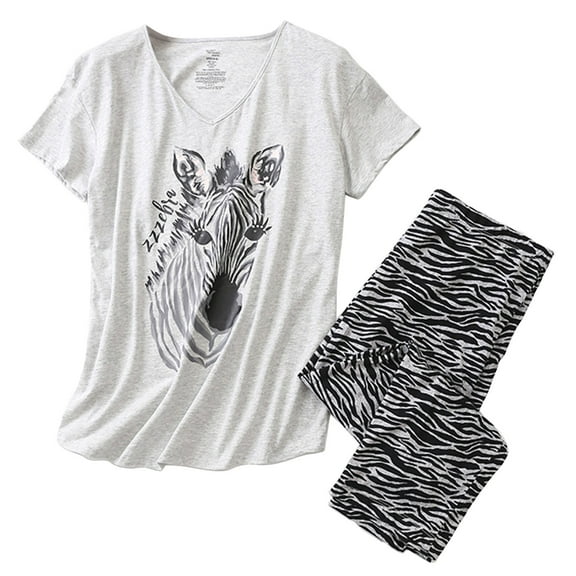 Previn Women's Cotton Capri Pajama Set Short Sleeve Cropped Pant Pjs Summer Sleepwear Soft 2 Piece Cute Printed Elastic Waist V-Neck Loungewear Patterned2 X-Large