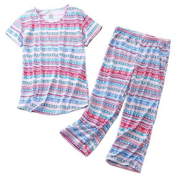 Previn Women's Cotton Capri Pajama Set Short Sleeve Cropped Pant Pjs Summer Sleepwear Soft 2 Piece Cute Printed Elastic Waist V-Neck Loungewear Patterned10 Medium