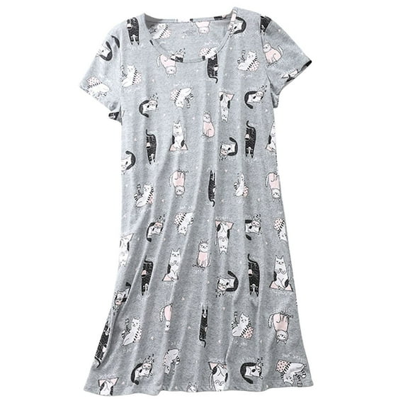 Previn Women's Cotton Nightgown Cute Sleep Dress Summer Soft Lightweight Printed Thin Short Sleeve Fall Loose Grey Cat X-Large