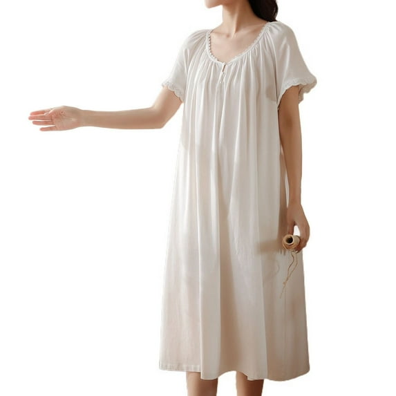 Previn Women's Cotton Nightgown Vintage Victorian Sleep Gown Dress Short Sleeve Pajamas Princess Comfy Summer Stretchy Sleepwear White X-Large
