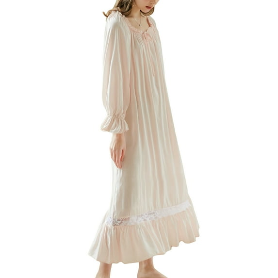 Previn Women's Cotton Victorian Nightgown 3/4 Sleeve Frilly Night Gown Pleated Lace Maxi Billowy Vintage Ruffle Nightdress Square Neck Old Fashioned Sleep Dress Pink Medium