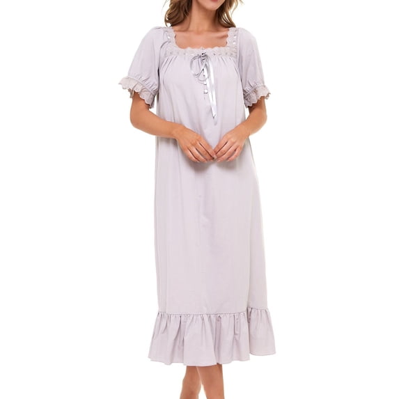 Previn Women's Cotton Victorian Nightgown Cute Pajamas Dress Princess Summer Long Night Dress Vintage Short Sleeve Ruffle Comfy Soft Sleepwear Grey 01 X-Large