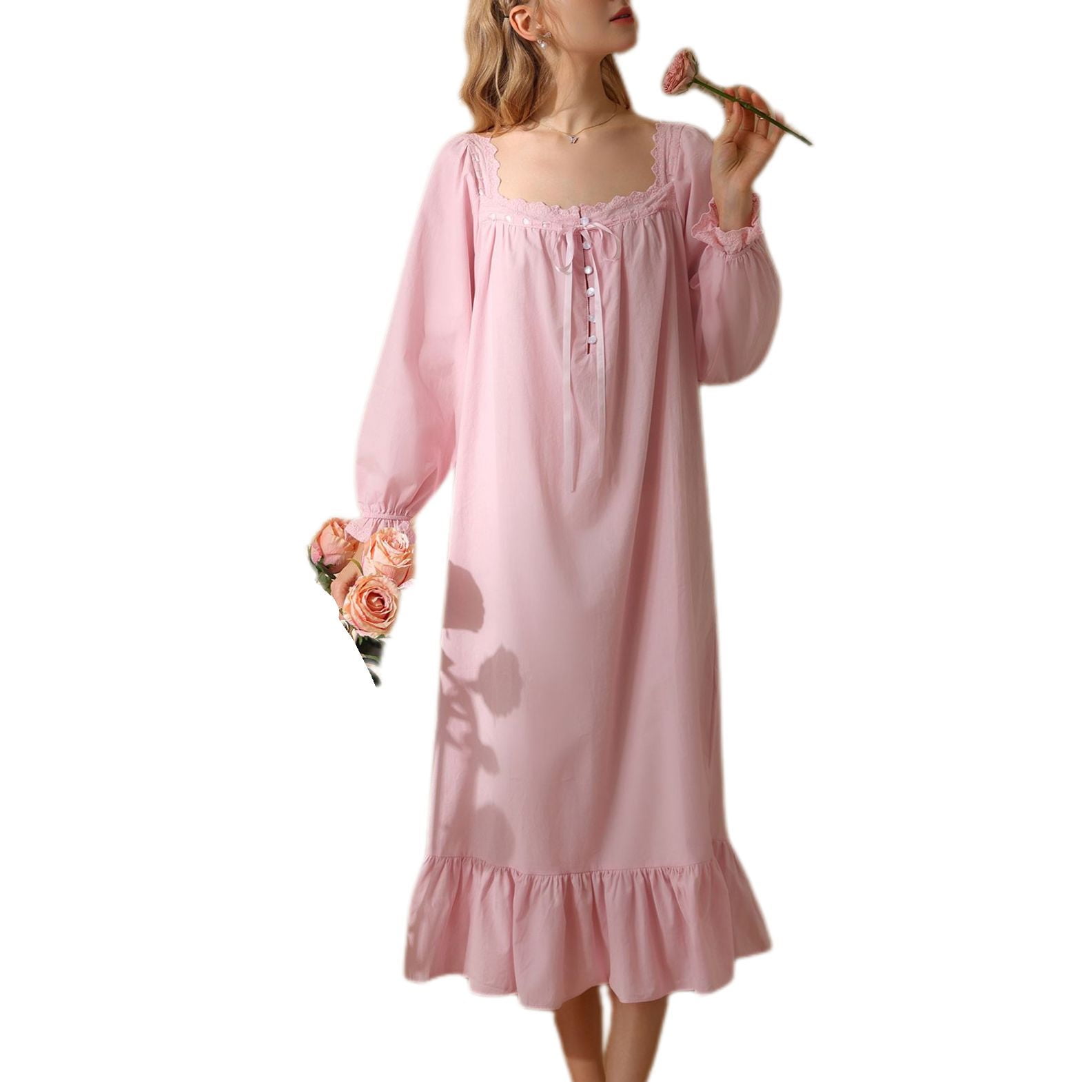 Previn Women's Cotton Victorian Nightgown Cute Pajamas Dress Princess Summer Long Night Dress Vintage Short Sleeve Ruffle Comfy Soft Sleepwear Pink X-