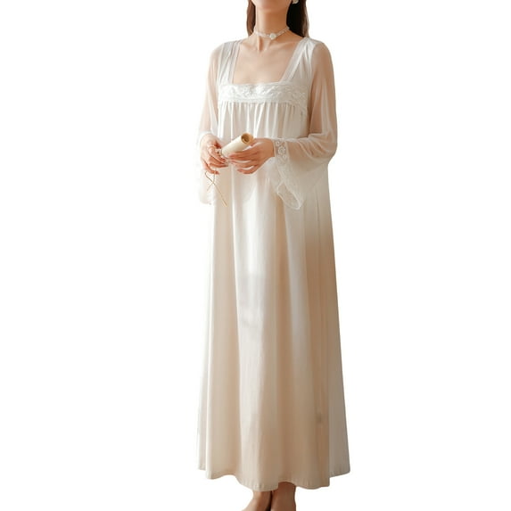 Previn Women's Cotton Victorian Nightgown Lace Vintage Bell Long Sleeve Sleep Dress Square Neck Princess Long Pajama Dress Soft Nighties White Medium