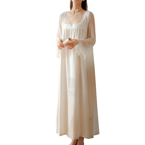 Previn Women's Cotton Victorian Nightgown Lace Vintage Bell Long Sleeve Sleep Dress Square Neck Princess Long Pajama Dress Soft Nighties White X-Large