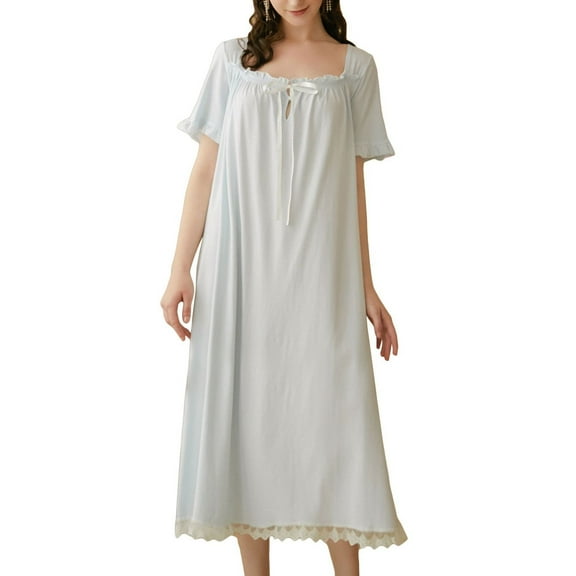 Previn Women's Cotton Victorian Nightgown Short Sleeve Cute Lace Soft Summer Vintage Princess Frilly Old Fashioned Long Sleep Dress Ruffle Pajama Dress Blue Large