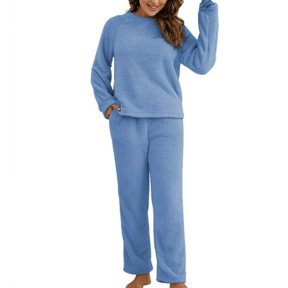 Previn Women's Cute Fuzzy Pajama Set Fleece Fuzzy Pj Soft Long Sleeve Stretchy Comfy Casual Pant Warm 2 Piece Warm Winter Plush Sleepwear Blue X-Large