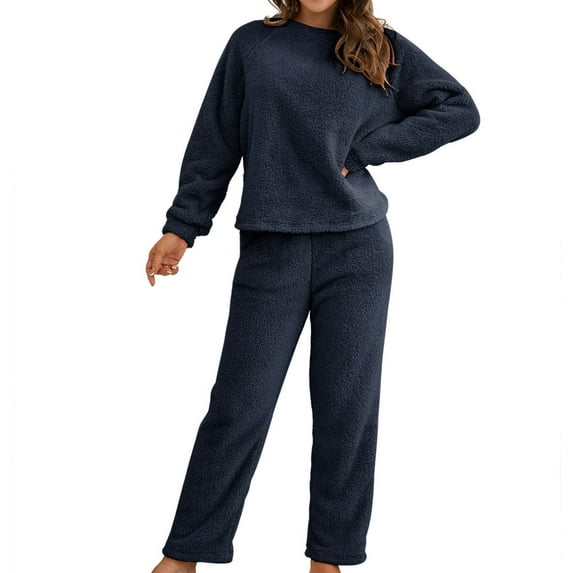 Previn Women's Cute Fuzzy Pajama Set Fleece Fuzzy Pj Soft Long Sleeve Stretchy Comfy Casual Pant Warm 2 Piece Warm Winter Plush Sleepwear Navy X-Large