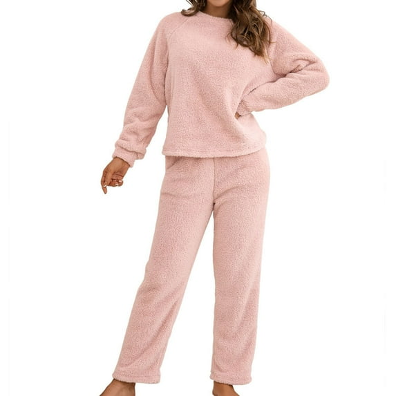 Previn Women's Cute Fuzzy Pajama Set Fleece Fuzzy Pj Soft Long Sleeve Stretchy Comfy Casual Pant Warm 2 Piece Warm Winter Plush Sleepwear Pink Medium