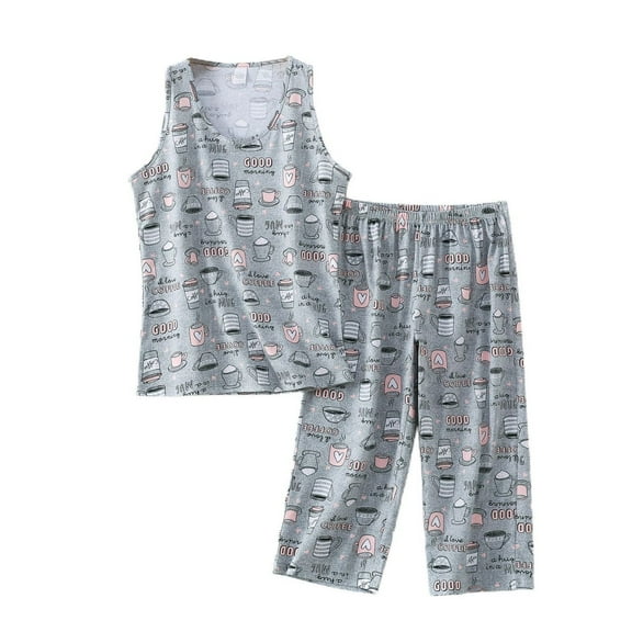 Previn Women's Cute Pajama Set Cotton Tank Capri Set Sleeveless Patterned Elastic Waist Pjs Lightweight Soft 2 Piece Lounge Summer Sleepwear Grey Small