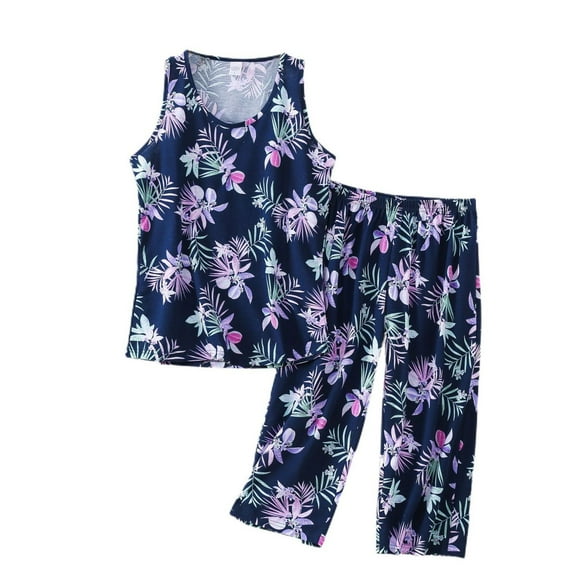 Previn Women's Cute Pajama Set Cotton Tank Capri Set Sleeveless Patterned Elastic Waist Pjs Lightweight Soft 2 Piece Lounge Summer Sleepwear Navy Small