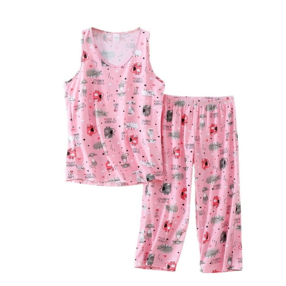 Previn Women's Cute Pajama Set Cotton Tank Capri Set Sleeveless Patterned Elastic Waist Pjs Lightweight Soft 2 Piece Lounge Summer Sleepwear Pink Medium
