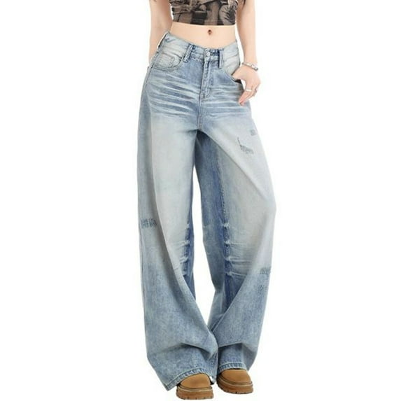 Previn Women's Denim Pant Baggy Jeans Mid Rise Pants Denim Palazzo Slimming Full Length Pocket Pull On Fashion Light Blue Medium