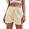 thumbnail image 1 of Previn Women's Denim Shorts Billowy Boyleg Comfy Empire Waist Drawstring Above Knee Casual Shorts Slash Pocket Shorts Light Khaki Medium, 1 of 1