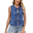 thumbnail image 1 of Previn Women's Denim Vest Sleeveless Top Tie Up Front Tie Knot Babydoll Ruffle Summer Cozy Fashion Vest Top Spaghetti Strap Blue Large, 1 of 1