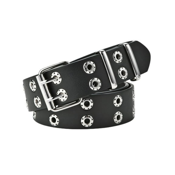 Previn Women's Double Grommet Belt Studded Faux Leather Belt Riding Medium Metal Buckle Casual Fashion Belts Black Small-X-Large
