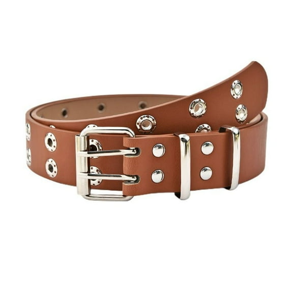 Previn Women's Double Grommet Belt Studded Faux Leather Belt Riding Medium Metal Buckle Casual Fashion Belts Umber Small-X-Large