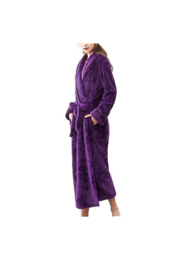 Women's Fleece Robe Plush Bathrobe Fuzzy Winter Warm Long Sleeve Sleepwear Full Length House Warm Bath Comfy Thick Fall Soft Spring Purple Medium-Large
