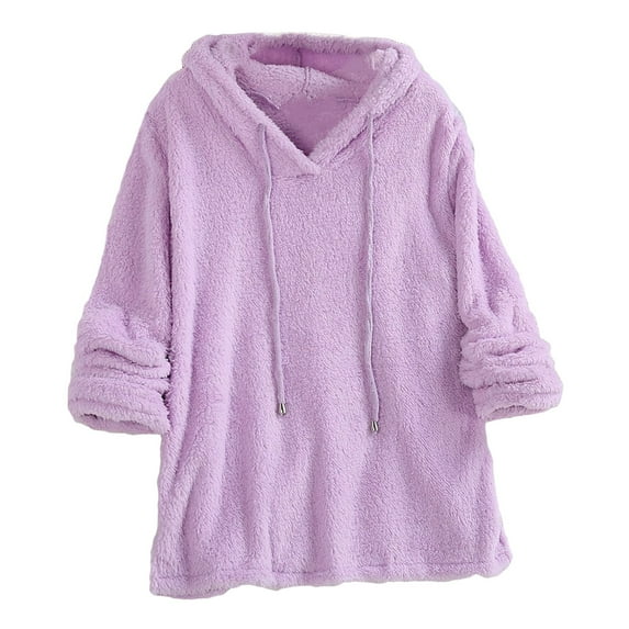 Previn Women's Fuzzy Hoodie Sherpa Fleece Sweatshirt Long Sleeve Side Split Pajama Tops Loose Warm Plush Pullover Hooded Casual Cotton Hoody Purple Large