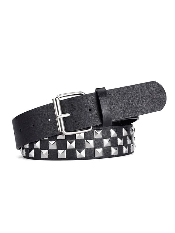 Women's Gothic Studded Belts Faux Leather Chunky Belt Checkerboard Punk Rock Pyramid Stud Goth Style Spiked Casual Fashion Thick Black X-Small-Large