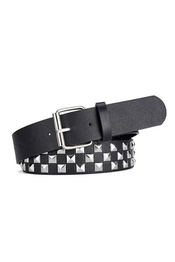 Women's Gothic Studded Belts Faux Leather Chunky Belt Checkerboard Punk Rock Pyramid Stud Goth Style Spiked Casual Fashion Thick Black X-Small-Large