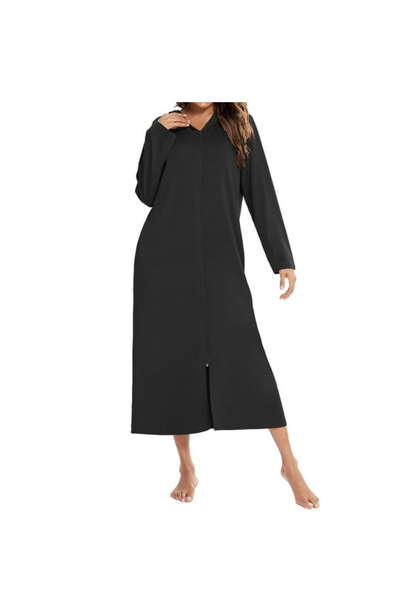 Women's Hooded House Coat Cotton Robe Hoodie Zip Up Long Sleeve Nightgown Hood Zipper Duster Housedress Warm Winter Spring Housecoat Sleeping Sleepwear Black Medium