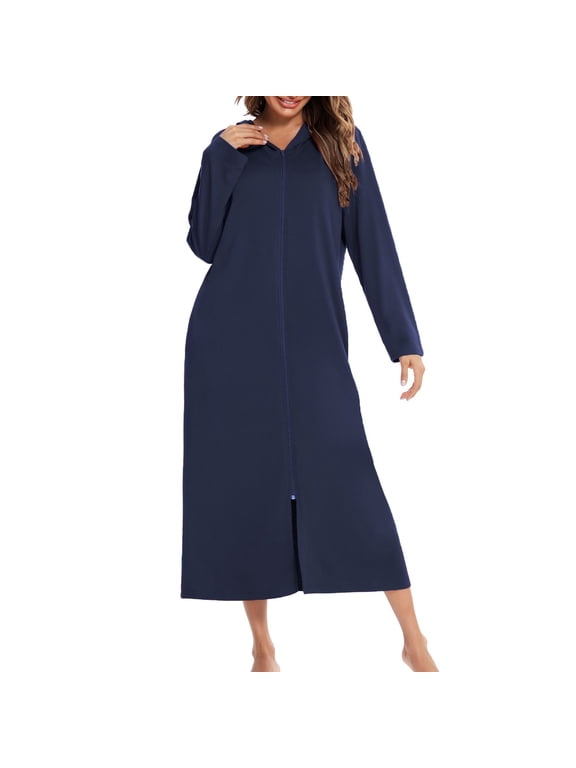 Women's Hooded House Coat Cotton Robe Hoodie Zip Up Long Sleeve Nightgown Hood Zipper Duster Housedress Warm Winter Spring Housecoat Sleeping Sleepwear Navy Small