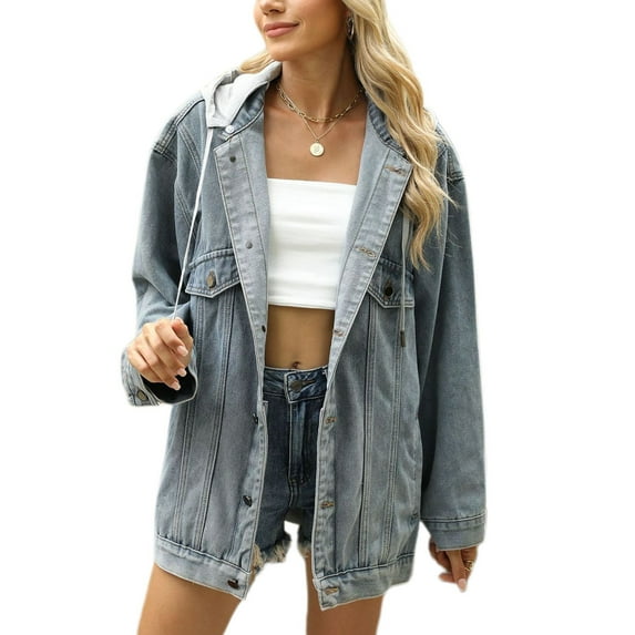 Previn Women's Hooded Jean Jacket Long Sleeve Button Down Spring Fall Top Pocket Oversized Soft Detachable Hood Light Washed Baggy Classy Collared Western Denim Jacket Loose Fit Blue X-Large