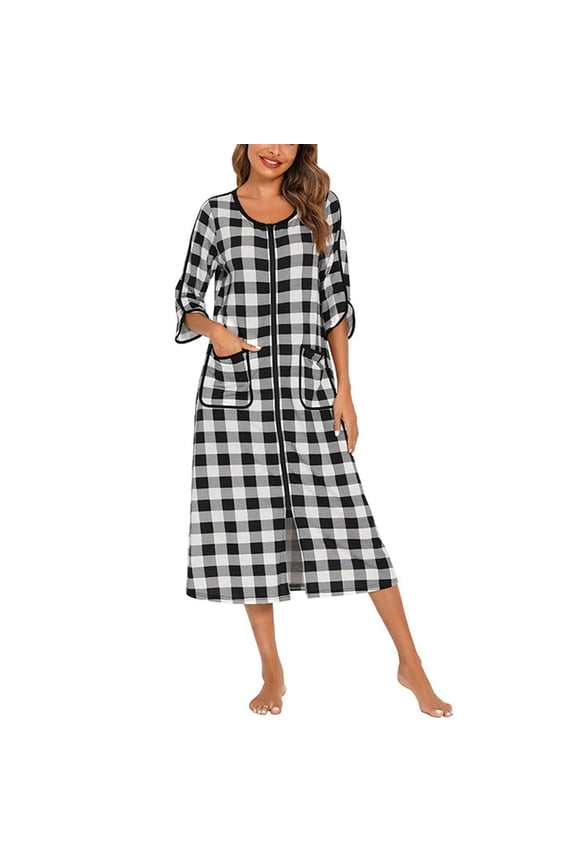 Women's House Coat Cotton Zip Up Robe Pockets Loose Fit Quarter Sleeve Duster Robe Full Zipper Long Fall Spring Soft Bathrobe House Dress Housecoat Black White XX-Large