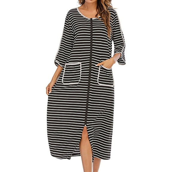 Previn Women's House Coat Cotton Zip Up Robe Pockets Loose Fit Quarter Sleeve Duster Robe Full Zipper Long Fall Spring Soft Bathrobe House Dress Housecoat Black Small