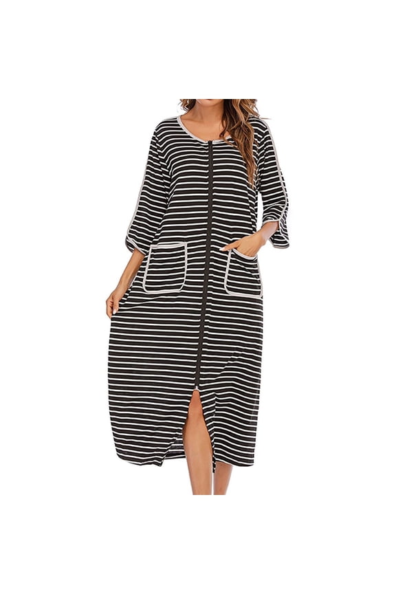 Women's House Coat Cotton Zip Up Robe Pockets Loose Fit Quarter Sleeve Duster Robe Full Zipper Long Fall Spring Soft Bathrobe House Dress Housecoat Black X-Large
